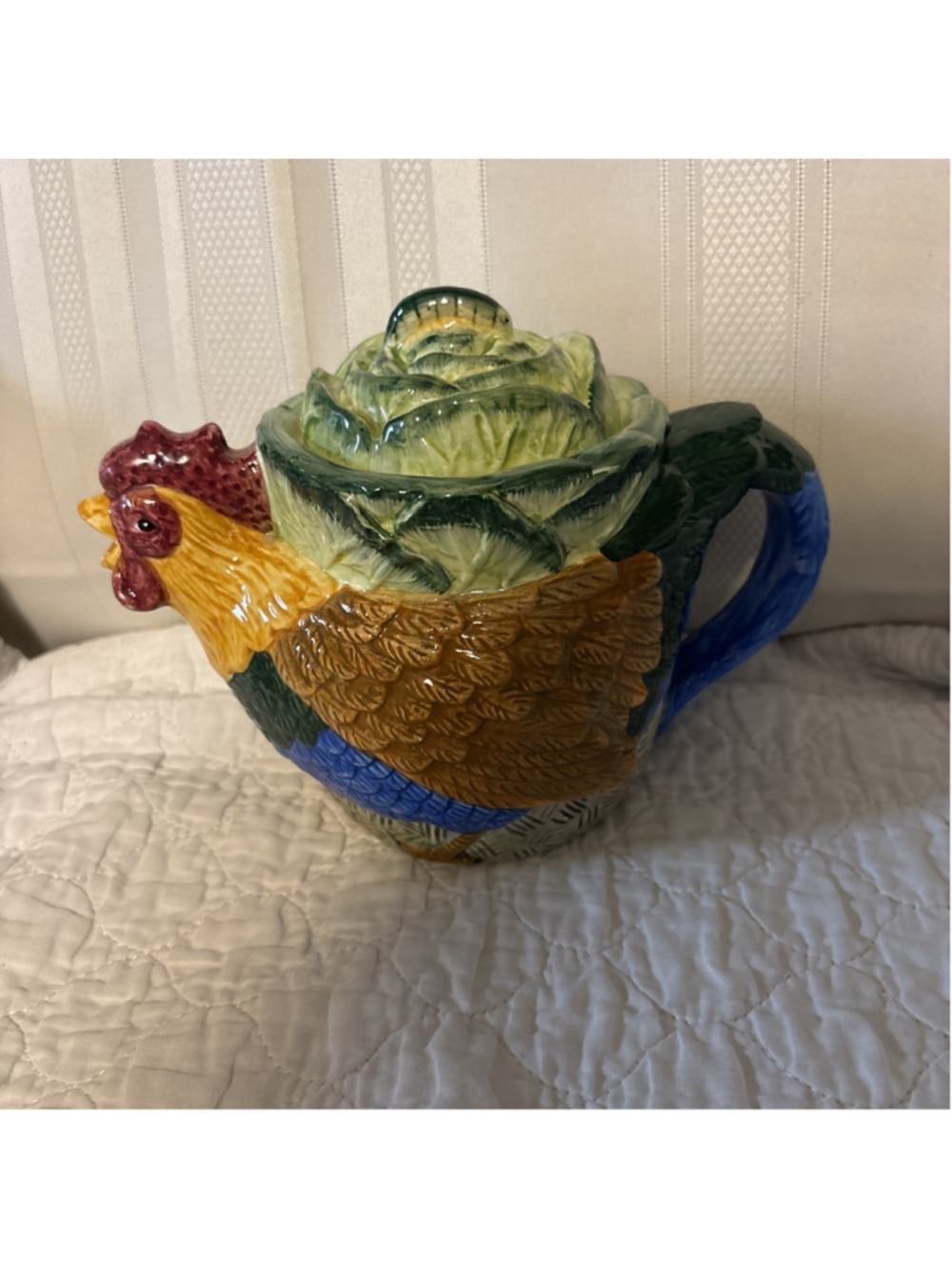 Painted Glass Colorful Rooster, Teapot With Top And Handle Intact ￼